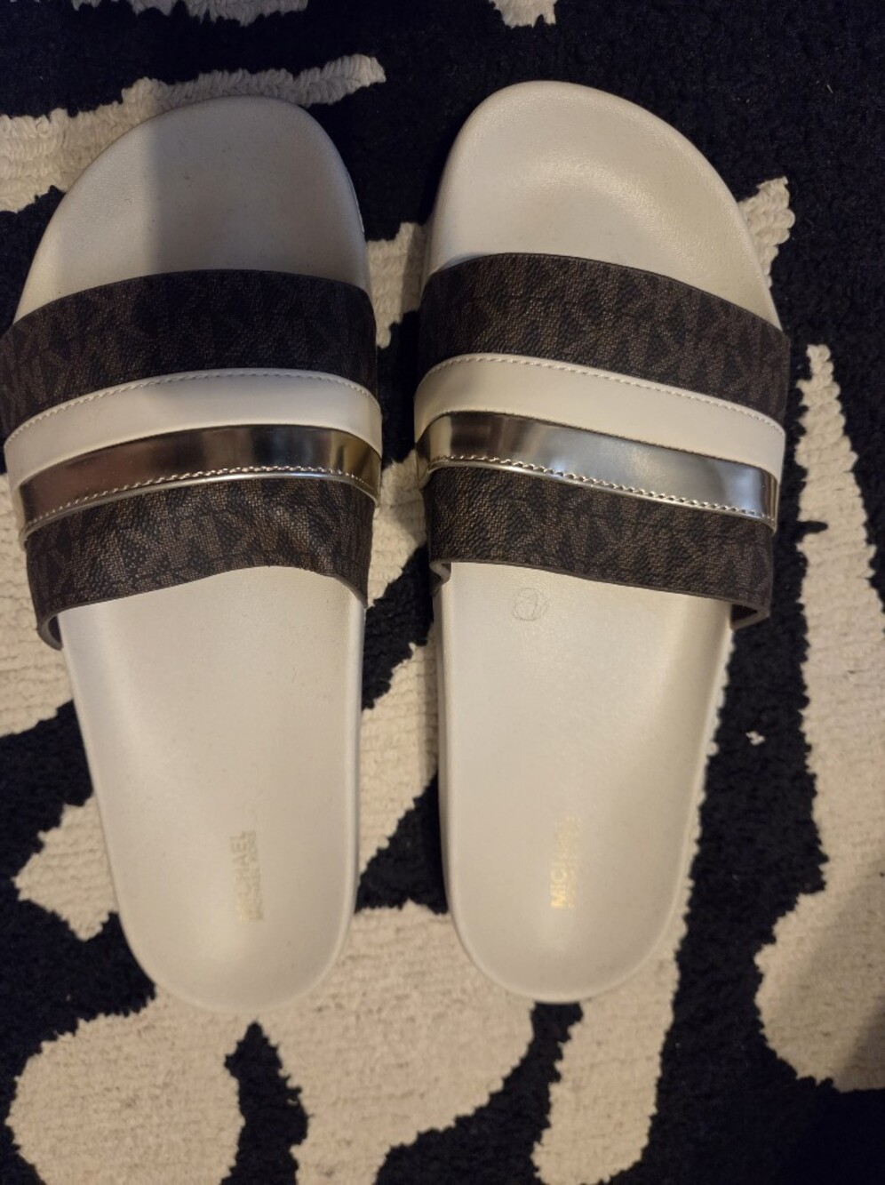 Michael Kors Women's Brown Logo Slide Sandals with White and Gold Straps